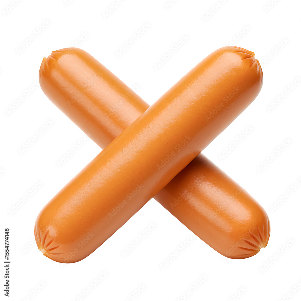 Crossed hot dogs on a white background, studio shot, close-up view Crossed hot dogs on a white background, studio shot, close-up view