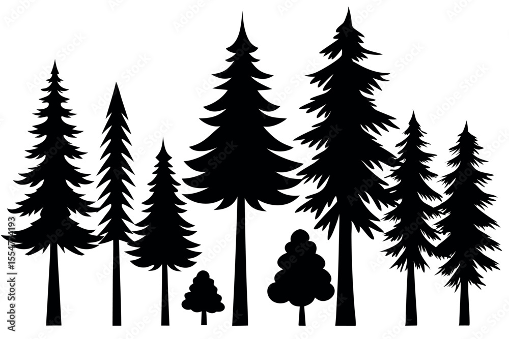 Obraz premium Silhouette Collection of Pine and Fir Trees in Natural Forest Scenery