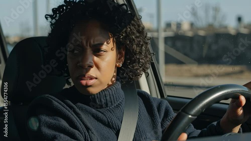 young woman driving a car with an expression of frustration in a busy urban environment, showcasing road and vehicle activity