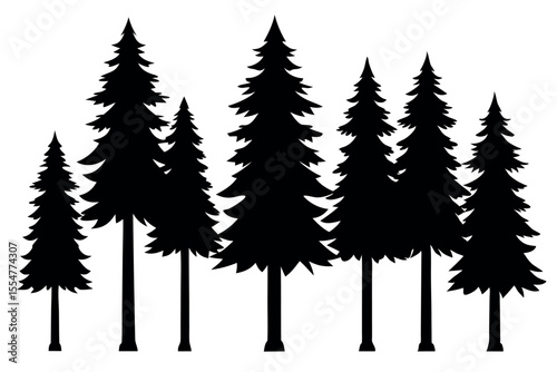 Silhouette Collection of Pine and Fir Trees in Natural Forest Scenery