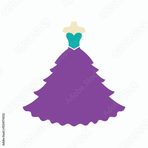 Silhouette of luxury bridal gown with layered ruffles and off-shoulder neckline, classic wedding fashion icon in vector style on white background in Adobe Illustrator Artwork