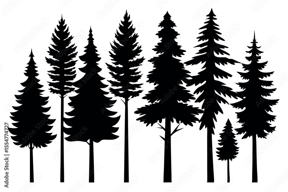 Obraz premium Pine Tree Silhouette Collection Isolated on White Background – Vector Set