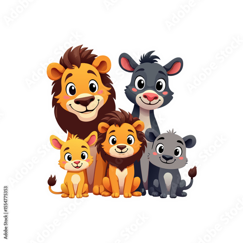 Adorable cartoon family featuring lions and a panther cubs in a playful and heartwarming animal illustration