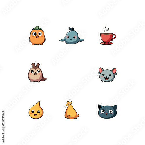 Adorable cartoon stickers featuring a carrot, seal, coffee, squirrel, mouse, onion, sack, and cat, perfect for adding a whimsical touch to any project