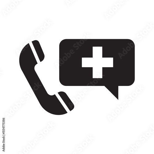 Medical helpline icon with a telephone and a speech bubble with a cross for emergency call service and healthcare support consultation vector solid glyph icon
