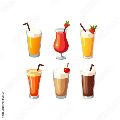 Assorted colorful summer beverages and drinks illustration featuring orange juice, cocktails and smoothies with fresh fruits and straws for relaxation