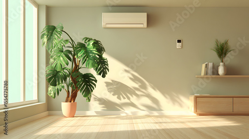 Minimalist Modern Living Room with Air Conditioner, Large Plant, and Warm Sunlight