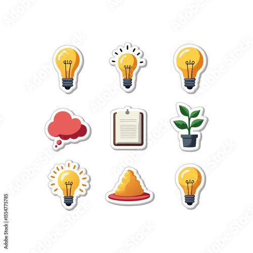 Business innovation icons set featuring light bulbs, speech bubbles, clipboard, plant, and idea generation in a vector graphic style