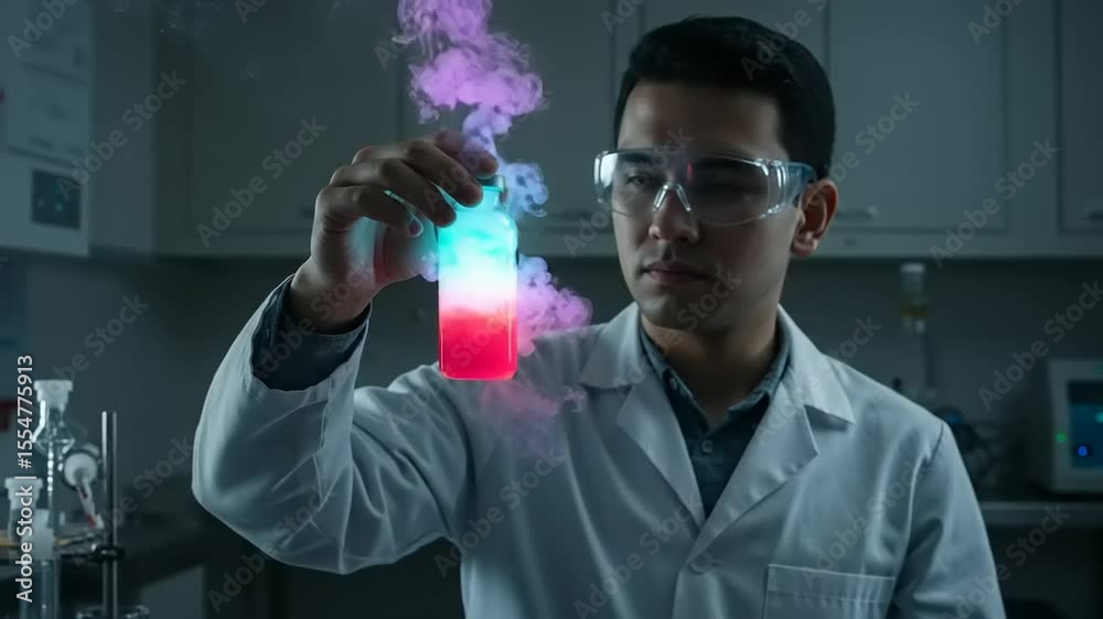 Scientist observing colorful chemical reaction in laboratory with equipment and smoke effects