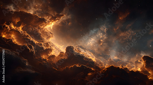 Dramatic Cosmic Nebula with Fiery Orange Clouds and Distant Stars