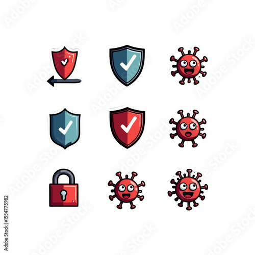 Cartoon icons representing protection, security, and viruses in a colorful sticker style graphic with bold outlines and flat design on a black background