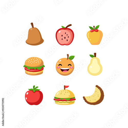 Cartoon fruits and burgers vector illustration featuring a collection of pear, apple, tomato, orange, and burgers in a colorful arrangement on a white background