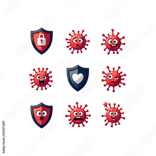 Cartoon shields protecting against viruses with various expressions in a vector illustration design featuring vibrant colors and cute virus characters