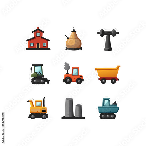 Cartoon sticker set featuring construction vehicles, a still, a house, and factory chimneys in a playful design