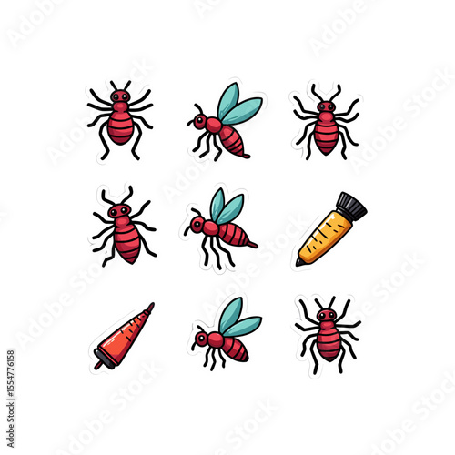 Cartoon sticker sheet featuring red ants, wasp insects and markers in a fun and vibrant vector design