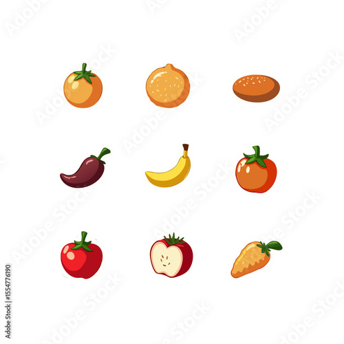 Cartoon vector illustration featuring a collection of diverse fruits and vegetables arranged in a simple and appealing grid layout for food concept