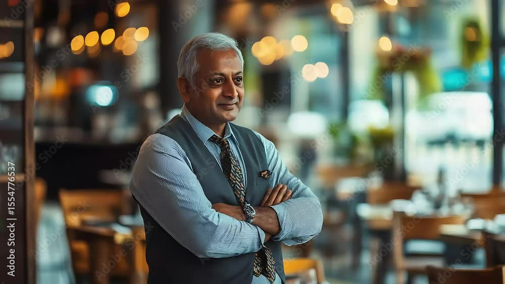 Senior Indian businessman wearing suit, looking into camera and smiling while standing. owner of restaurant, cafe. Video portrait