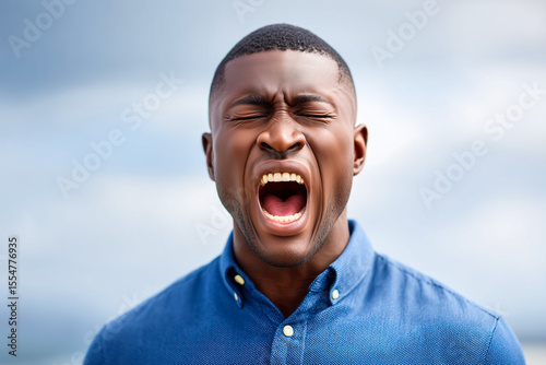 Man yells passionately with closed eyes, showcasing a burst of emotion. Location features open sky and windy atmosphere. Concept of mental health, self-expression, emotional release