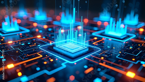Futuristic Holographic Interface - Digital Technology Dashboard. Advanced sci-fi visualization featuring glowing blue holographic displays and high-tech circuit board elements with cinematic lighting