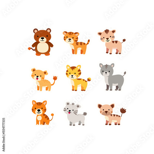 Collection of adorable cartoon animal illustrations featuring bears, tigers, and lions in various playful poses and colors on a white background
