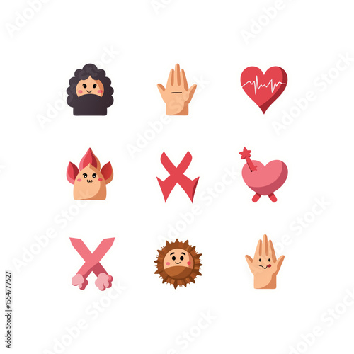 Collection of quirky cartoon icons featuring expressive faces hands and symbolic shapes creates a playful and whimsical design
