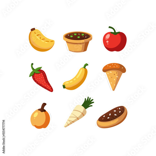 Colorful assortment of cartoon fruits and vegetables featuring banana, tomato, strawberry, and more on a clean white background