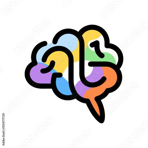 Colorful brain illustration showcasing diverse sections and functions within a thick black outlined structure on a white background