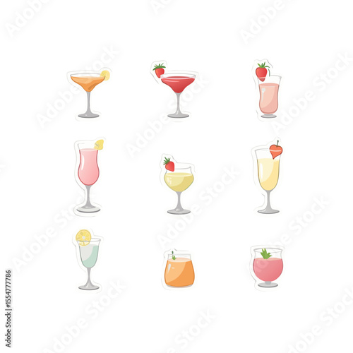 Colorful cocktails illustration featuring a variety of fruity drinks with decorative garnishes in a fun and vibrant layout