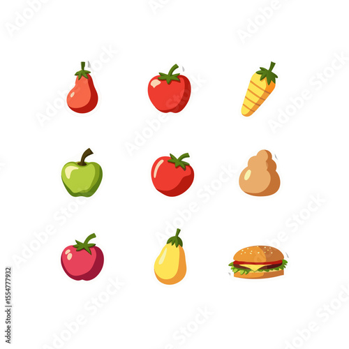 Colorful vector illustration featuring an assortment of fruits, vegetables, and a burger, creating a vibrant and playful food themed collection
