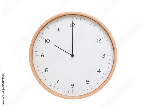 Minimal wall clock with light wood frame and white face displaying 10:00 or 22:00. Perfect for clean, modern concepts about time and scheduling.