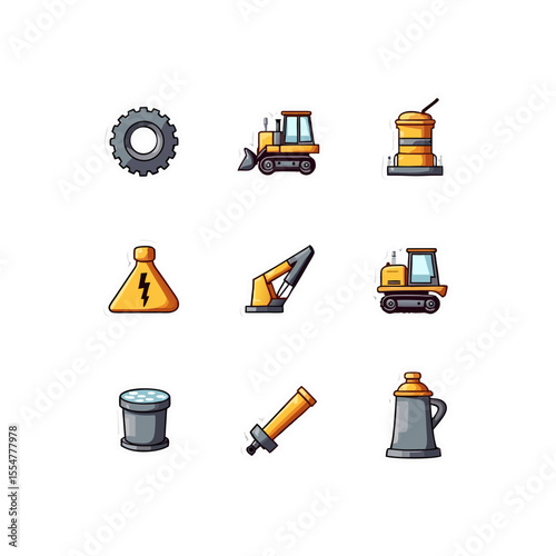 Construction equipment icons in a sticker style vector format showcasing various industrial tools and machinery essential for building and infrastructure projects