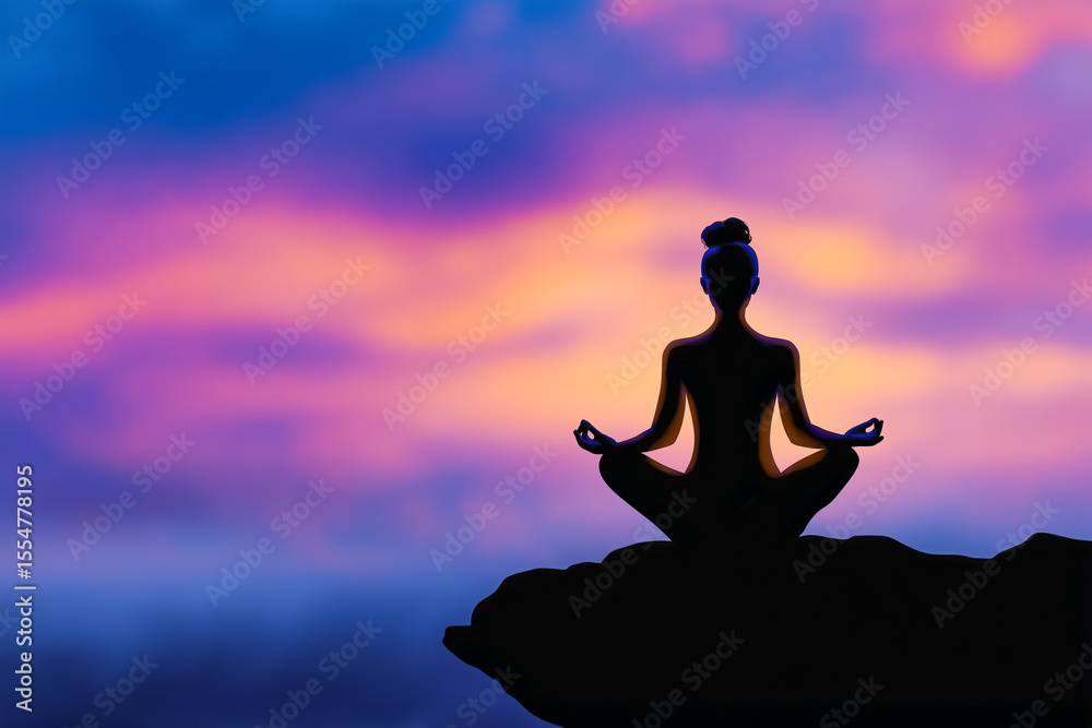 Woman meditating in a serene posture on a cliff edge during sunrise. Soft glowing colors create a calming atmosphere. Concept of yoga, mindfulness, wellness Woman meditating in a serene posture on a cliff edge during sunrise. Soft glowing colors create a calming atmosphere. Concept of yoga, mindfulness, wellness