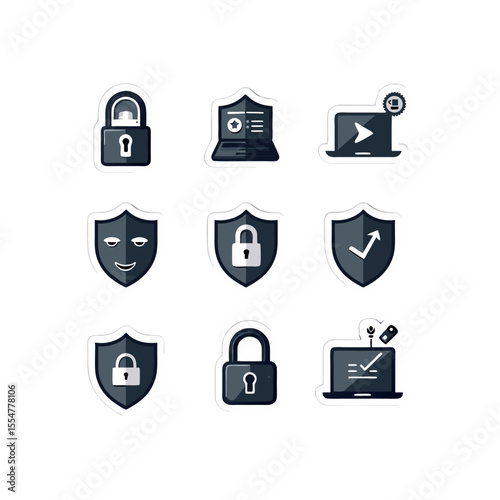 Cybersecurity icons stickers featuring shield symbols and lock icons for data protection and digital safety