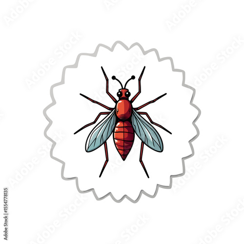 Detailed cartoon vector illustration of an insect with six legs, wings, antennae, and a segmented body against a decorative circular background
