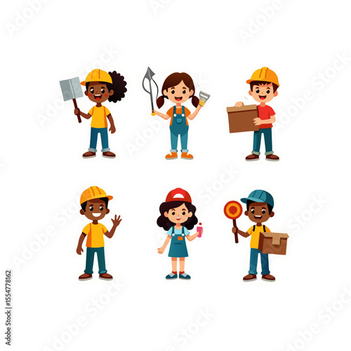 Diverse children in various construction and service roles depicted in vector stickers, showcasing teamwork and community engagement