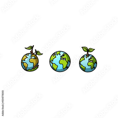 Earth day illustration featuring healthy and unhealthy planets with plants and trees symbolizing environmental sustainability and conservation