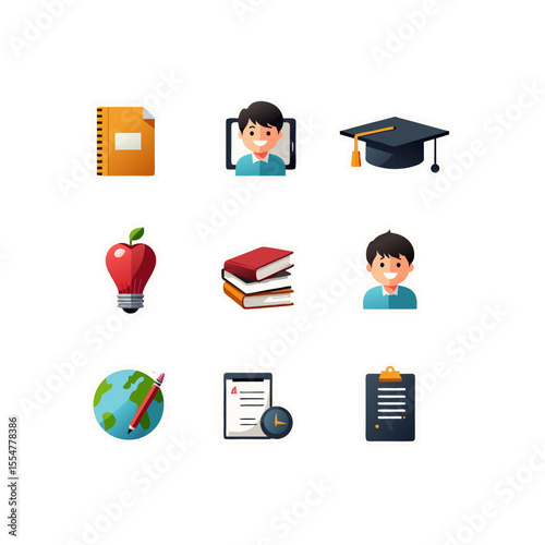 Educational icons set featuring books, graduation cap, apple, globe, and students representing knowledge and academic achievement