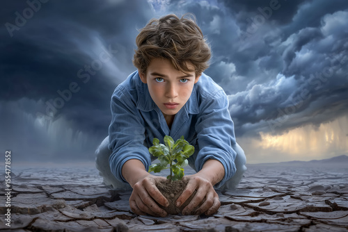 Teen plants small tree in parched cracked soil while gazing hopefully toward dark rain clouds forming in background. Captures theme of environmental awareness