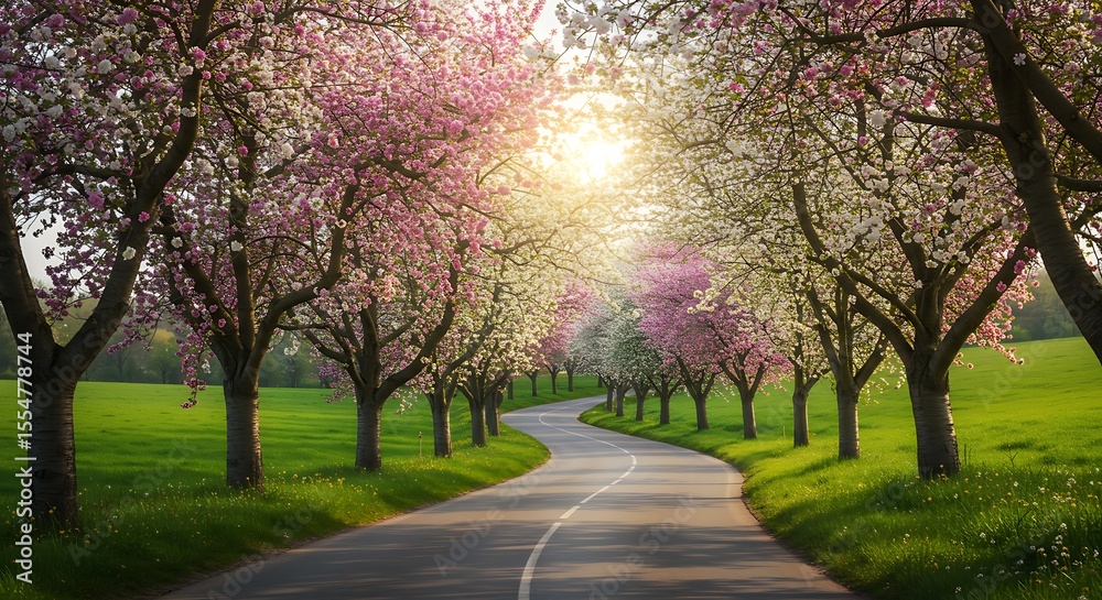 Naklejka premium A scenic road in the park with trees in spring, autumn, and summer, showing the beautiful foliage and landscape