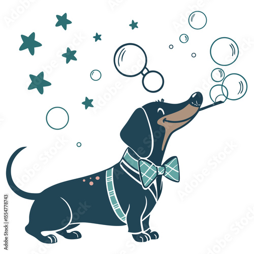 Delightful Amused Dachshund in a Father’s Day scene with blowing bubbles – Dad’s Day vector illustration