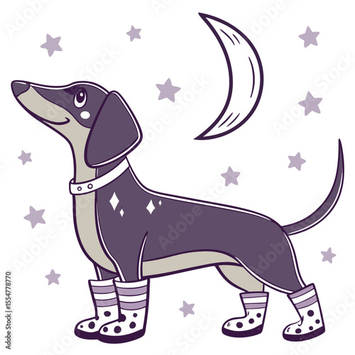 Vector illustration of a Excited Dachshund with wearing rain boots, styled in a Starlight Ball theme using Lunar Elegance colors