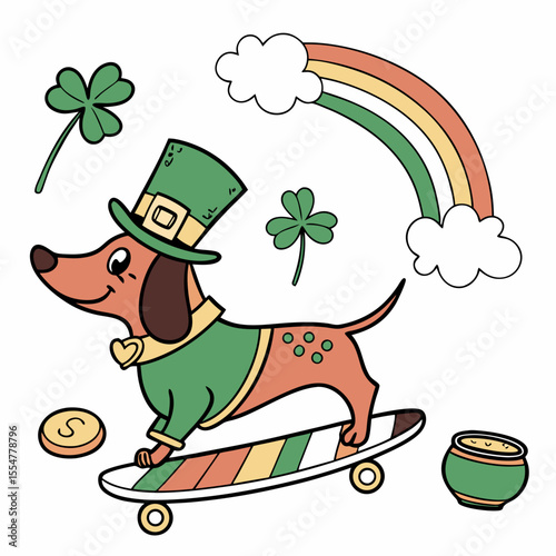 Delightful Dreamy Dachshund in a St. Patrick's Day scene with riding a skateboard – Clover Cheer vector illustration