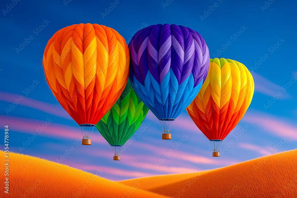 Fototapeta premium Hot air balloons rise into the clear sky, showcasing vibrant colors against a tranquil backdrop. This breathtaking scene captures the joy of adventure and exploration
