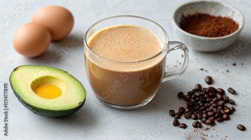 A creamy cup of coffee surrounded by avocado, eggs, coffee beans, and cocoa powder on a light surface.
