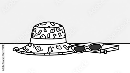 A stylish bucket hat and sunglasses, laid on a surface, minimalistic design, outlined illustration, copy space
