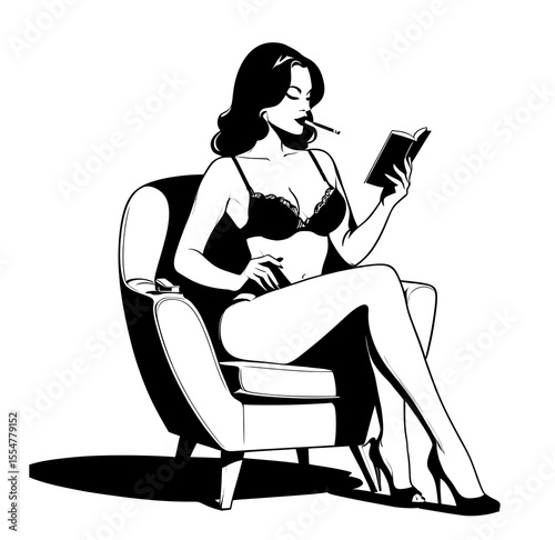 Chic Minimalist Line Art of a Woman in Lingerie Smoking and Reading on a Stylish Chair