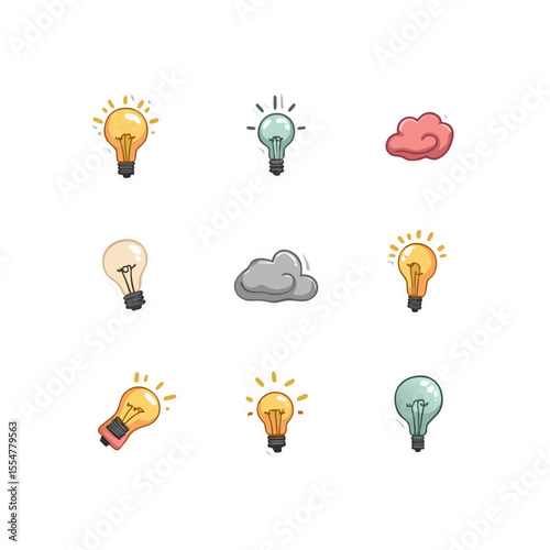 Light bulbs and clouds in various colors and designs representing ideas and thought processes, creative brainstorming and problem solving