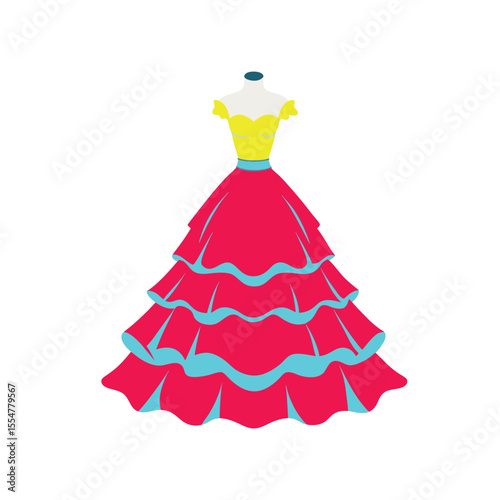 Silhouette of luxury bridal gown with layered ruffles and off-shoulder neckline, classic wedding fashion icon in vector style in Adobe Illustrator Artwork