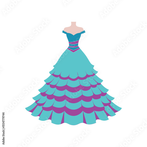 Silhouette of luxury bridal gown with layered ruffles and off-shoulder neckline, classic wedding fashion icon in vector style in Adobe Illustrator Artwork
