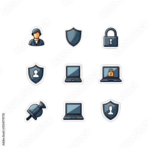 Security and privacy icons depicting data protection, user access, and surveillance technology in a vector illustration format